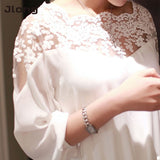 Women Blouses  Summer Long Sleeve White Cotton Slim Crochet Hollow Lace Women Tops Shirts Elegant