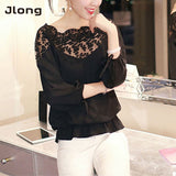 Women Blouses  Summer Long Sleeve White Cotton Slim Crochet Hollow Lace Women Tops Shirts Elegant