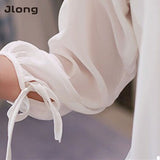 Women Blouses  Summer Long Sleeve White Cotton Slim Crochet Hollow Lace Women Tops Shirts Elegant