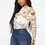 Women Mesh Sheer See Through Print Shirt Blouses Outwear Turtleneck Long Sleeve Tops Transparent Slim Shirt Bodycon Club Blouse