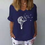 Elegant Linen Cotton Women Loose Shirt Summer V Neck Short Sleeve Blouse Shirts Casual Floral Print Ladies Tops Blusa Pullovers