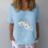 Elegant Linen Cotton Women Loose Shirt Summer V Neck Short Sleeve Blouse Shirts Casual Floral Print Ladies Tops Blusa Pullovers