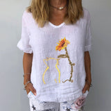 Elegant Linen Cotton Women Loose Shirt Summer V Neck Short Sleeve Blouse Shirts Casual Floral Print Ladies Tops Blusa Pullovers