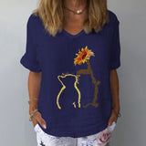 Elegant Linen Cotton Women Loose Shirt Summer V Neck Short Sleeve Blouse Shirts Casual Floral Print Ladies Tops Blusa Pullovers