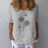 Elegant Linen Cotton Women Loose Shirt Summer V Neck Short Sleeve Blouse Shirts Casual Floral Print Ladies Tops Blusa Pullovers
