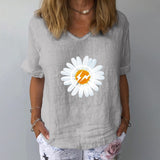 Elegant Linen Cotton Women Loose Shirt Summer V Neck Short Sleeve Blouse Shirts Casual Floral Print Ladies Tops Blusa Pullovers