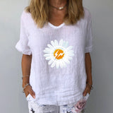 Elegant Linen Cotton Women Loose Shirt Summer V Neck Short Sleeve Blouse Shirts Casual Floral Print Ladies Tops Blusa Pullovers