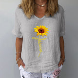 Elegant Linen Cotton Women Loose Shirt Summer V Neck Short Sleeve Blouse Shirts Casual Floral Print Ladies Tops Blusa Pullovers