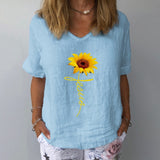 Elegant Linen Cotton Women Loose Shirt Summer V Neck Short Sleeve Blouse Shirts Casual Floral Print Ladies Tops Blusa Pullovers