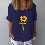 Elegant Linen Cotton Women Loose Shirt Summer V Neck Short Sleeve Blouse Shirts Casual Floral Print Ladies Tops Blusa Pullovers