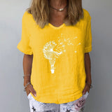 Elegant Linen Cotton Women Loose Shirt Summer V Neck Short Sleeve Blouse Shirts Casual Floral Print Ladies Tops Blusa Pullovers