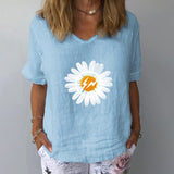 Elegant Linen Cotton Women Loose Shirt Summer V Neck Short Sleeve Blouse Shirts Casual Floral Print Ladies Tops Blusa Pullovers