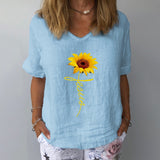 Elegant Linen Cotton Women Loose Shirt Summer V Neck Short Sleeve Blouse Shirts Casual Floral Print Ladies Tops Blusa Pullovers