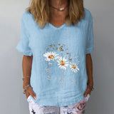 Elegant Linen Cotton Women Loose Shirt Summer V Neck Short Sleeve Blouse Shirts Casual Floral Print Ladies Tops Blusa Pullovers