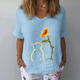 Elegant Linen Cotton Women Loose Shirt Summer V Neck Short Sleeve Blouse Shirts Casual Floral Print Ladies Tops Blusa Pullovers