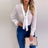 Women New Fashion Elegant Chiffon Blouses Long Sleeve V-Neck Shirt Office Blouse Slim Casual Female Polka Dot Top