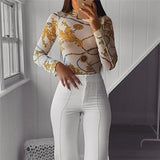Women Mesh Sheer See Through Print Shirt Blouses Outwear Turtleneck Long Sleeve Tops Transparent Slim Shirt Bodycon Club Blouse