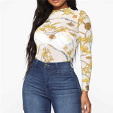 Women Mesh Sheer See Through Print Shirt Blouses Outwear Turtleneck Long Sleeve Tops Transparent Slim Shirt Bodycon Club Blouse