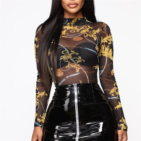 Women Mesh Sheer See Through Print Shirt Blouses Outwear Turtleneck Long Sleeve Tops Transparent Slim Shirt Bodycon Club Blouse