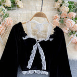 Sexy Halter Lace Patchwork Short Blouse For Women Casual Puff Sleeve Velvet Shirt Female Black Tops New Fashion Autumn Winter