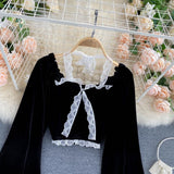 Sexy Halter Lace Patchwork Short Blouse For Women Casual Puff Sleeve Velvet Shirt Female Black Tops New Fashion Autumn Winter