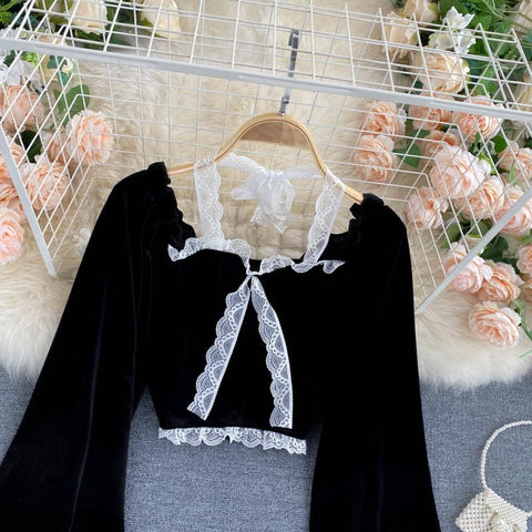 Sexy Halter Lace Patchwork Short Blouse For Women Casual Puff Sleeve Velvet Shirt Female Black Tops New Fashion Autumn Winter