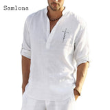 Samlona Long Sleeve Shirt Linen Tops Sexy Men clothing 2021 Summer Letter Print Casual Pullover Single-breasted Sexy Mens Blouse