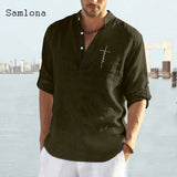 Samlona Long Sleeve Shirt Linen Tops Sexy Men clothing 2021 Summer Letter Print Casual Pullover Single-breasted Sexy Mens Blouse