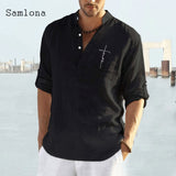 Samlona Long Sleeve Shirt Linen Tops Sexy Men clothing 2021 Summer Letter Print Casual Pullover Single-breasted Sexy Mens Blouse