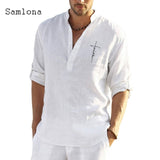 Samlona Long Sleeve Shirt Linen Tops Sexy Men clothing 2021 Summer Letter Print Casual Pullover Single-breasted Sexy Mens Blouse
