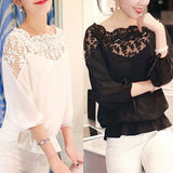 Women Blouses  Summer Long Sleeve White Cotton Slim Crochet Hollow Lace Women Tops Shirts Elegant