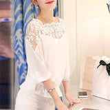Women Blouses  Summer Long Sleeve White Cotton Slim Crochet Hollow Lace Women Tops Shirts Elegant