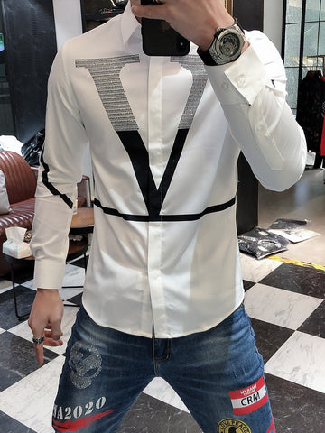 Hot Sale Rhinestone Letter Shirts Men Long Sleeve Business Casual Dress Shirt Slim Streetwear Social Nightclub Chemise Homme