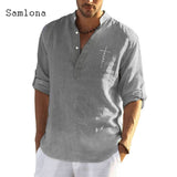 Samlona Long Sleeve Shirt Linen Tops Sexy Men clothing 2021 Summer Letter Print Casual Pullover Single-breasted Sexy Mens Blouse