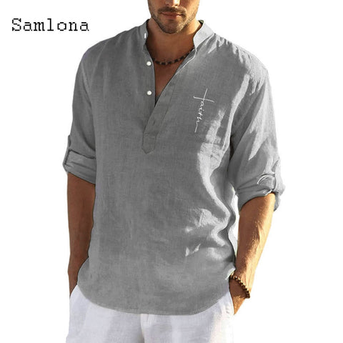 Samlona Long Sleeve Shirt Linen Tops Sexy Men clothing 2021 Summer Letter Print Casual Pullover Single-breasted Sexy Mens Blouse