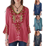Blouses Women Boho Casual V Neck Long Sleeve Floral Embroidery Blouse Top Loose Shirt блузка женская ropa de mujer 2020
