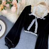 Sexy Halter Lace Patchwork Short Blouse For Women Casual Puff Sleeve Velvet Shirt Female Black Tops New Fashion Autumn Winter