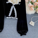 Sexy Halter Lace Patchwork Short Blouse For Women Casual Puff Sleeve Velvet Shirt Female Black Tops New Fashion Autumn Winter