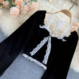 Sexy Halter Lace Patchwork Short Blouse For Women Casual Puff Sleeve Velvet Shirt Female Black Tops New Fashion Autumn Winter