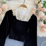 Sexy Halter Lace Patchwork Short Blouse For Women Casual Puff Sleeve Velvet Shirt Female Black Tops New Fashion Autumn Winter