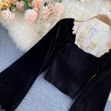 Sexy Halter Lace Patchwork Short Blouse For Women Casual Puff Sleeve Velvet Shirt Female Black Tops New Fashion Autumn Winter