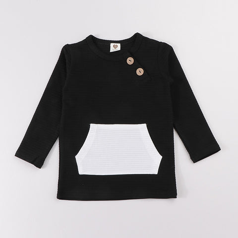 Top kds t-shirt long sleeves elegant outfit winter ribbed contrast pocket boy girls clothes autumn and winter children t-shirt