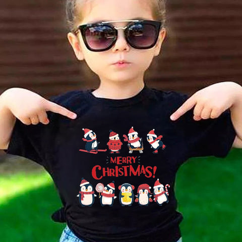 Funny Penguin Graphic Girls Casual Tops Tee Kids Black Tshirts Boys Merry Christmas New Fashion Short Sleeve Children T-shirt