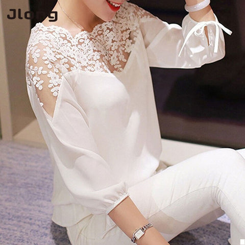 Women Blouses  Summer Long Sleeve White Cotton Slim Crochet Hollow Lace Women Tops Shirts Elegant