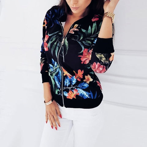4XL 5XL Big Size Women Short Jacket Retro Floral Printed Long Sleeve Zipper Bomber Jackets Autumn Coat Female Biker Outwear Tops