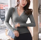 2019 New Sexy Deep V Neck Sweater Women's Pullover Casual Slim Bottoming Sweaters Female Elastic Cotton Long Sleeve Tops Femme