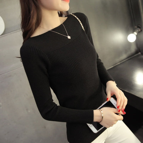 2019 Autumn And Winter new Korean women collar sweater all-match long sleeved shirt slim  one-neck female thread tight Pullover